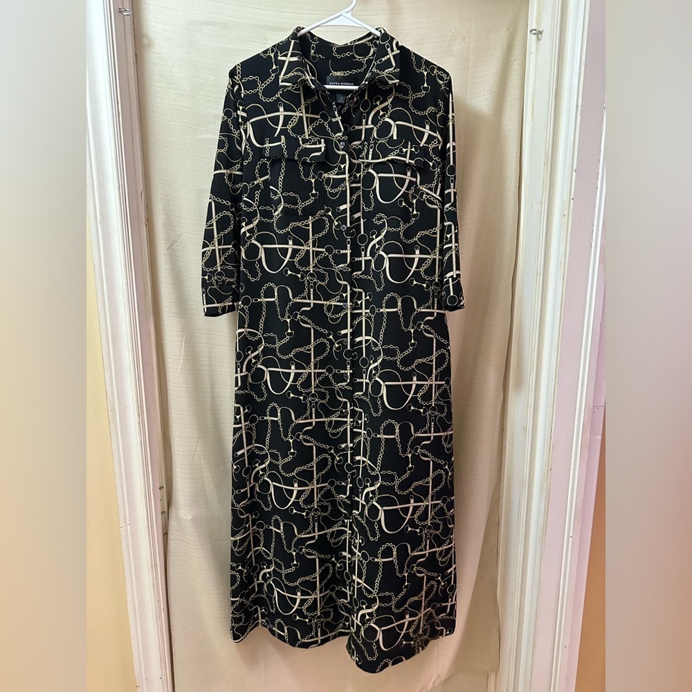 Donna Morgan Equestrian Chain Print Long Shirt Button Up Dress – Size 12